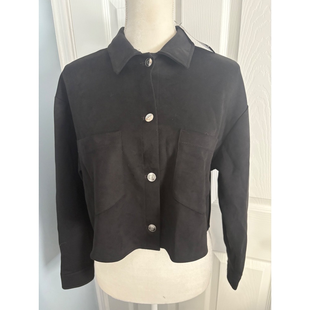 Reckless Black‎ Suede Cropped Shirt Jacket Size Medium Snap Button Pockets